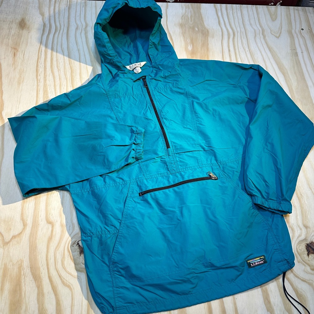 L.L. Bean Mens Large Teal Blue Vintage Anorak Windbreaker Half Zip Hooded Jacket